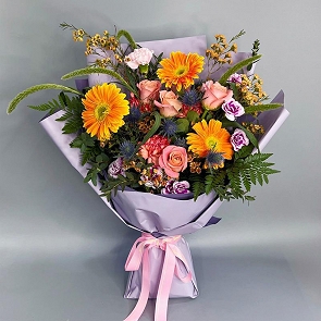 MD1023 太陽菊 香檳粉玫瑰 粉&橙色康乃馨 臘梅 高麻 蝴蝶多頭小丁